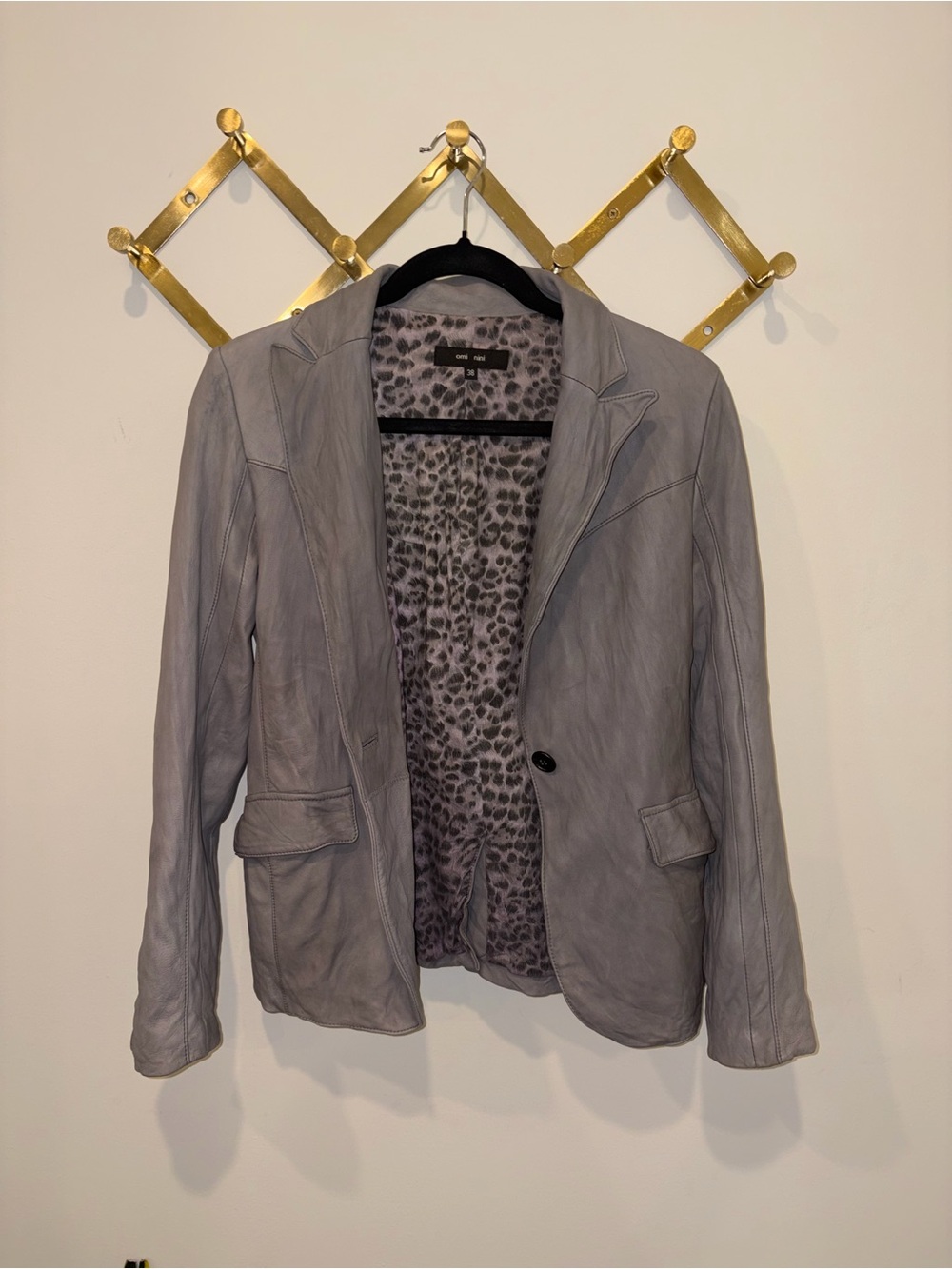 Soft Gray Leather Blazer with Leopard Lining